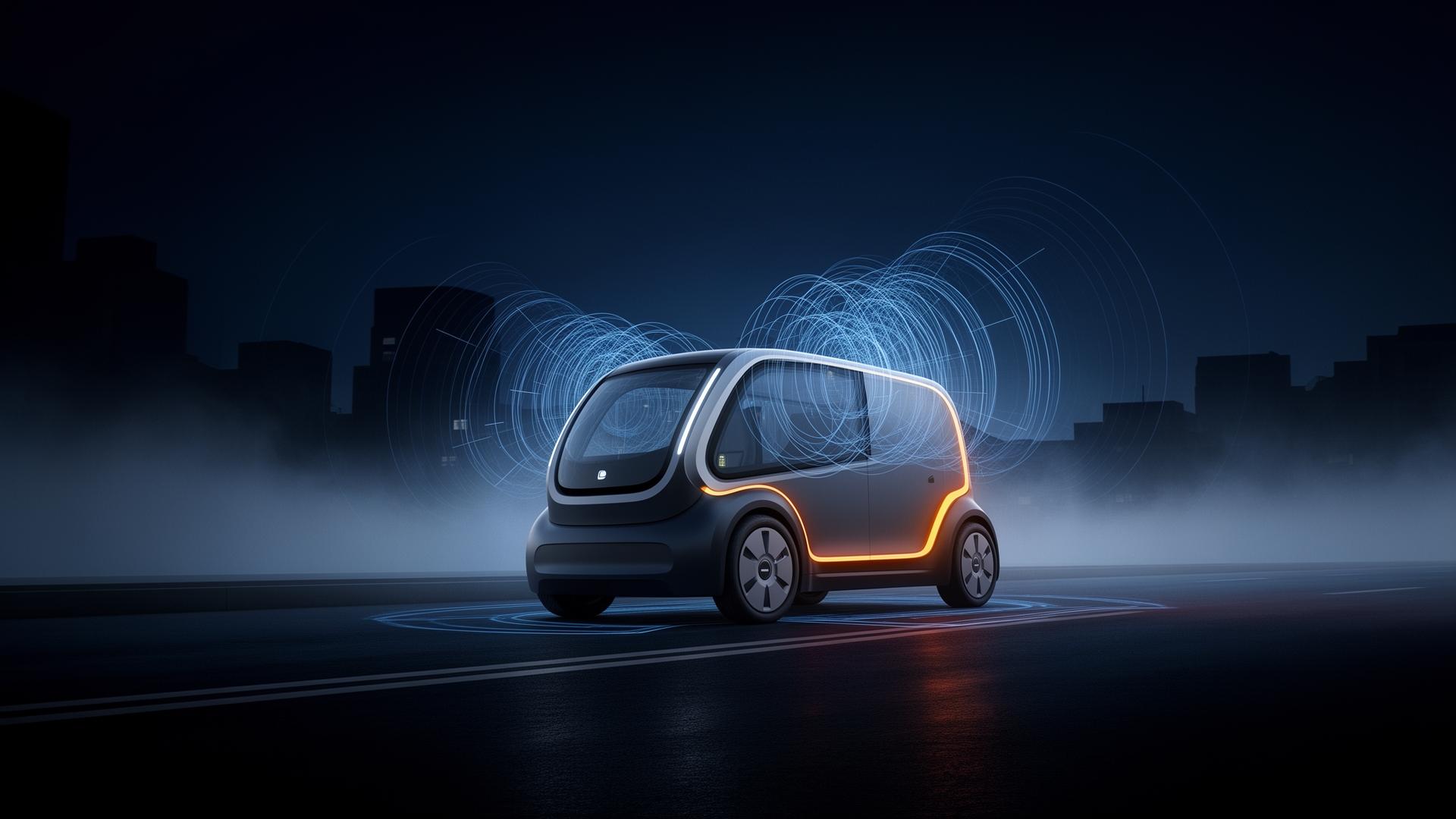 Autonomous L4 delivery vehicle on a misty urban road with blue lidar sensor sweeps